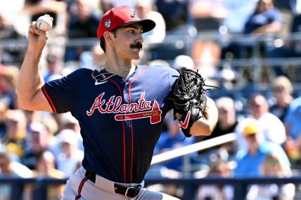 Feb 24, 2024; Port Charlotte, Florida, USA; Atlanta Braves pitcher Spencer Strider (99) throws a pitch in the first inning of a spring training game against the Tampa Bay Rays  at Charlotte Sports Park. Mandatory Credit: Jonathan Dyer-USA TODAY Sports