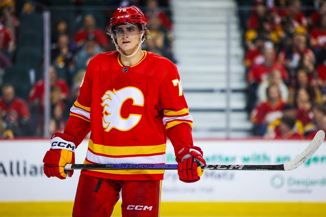 Feb 22, 2024; Calgary, Alberta, CAN; Calgary Flames center Martin Pospisil (76) against the Boston Bruins during the second period at Scotiabank Saddledome. Mandatory Credit: Sergei Belski-USA TODAY Sports