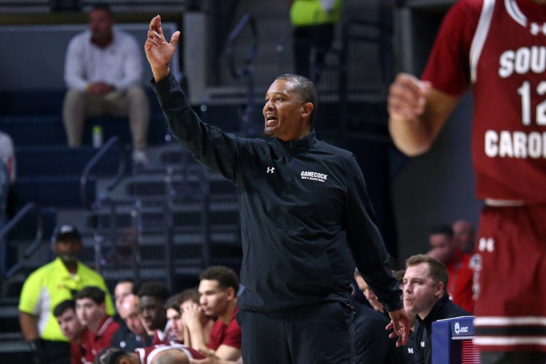 Feb 24, 2024; Oxford, Mississippi, USA; South Carolina Gamecocks head coach Lamont Paris gives direction during the first half against the Mississippi Rebels at The Sandy and John Black Pavilion at Ole Miss. Mandatory Credit: Petre Thomas-USA TODAY Sports