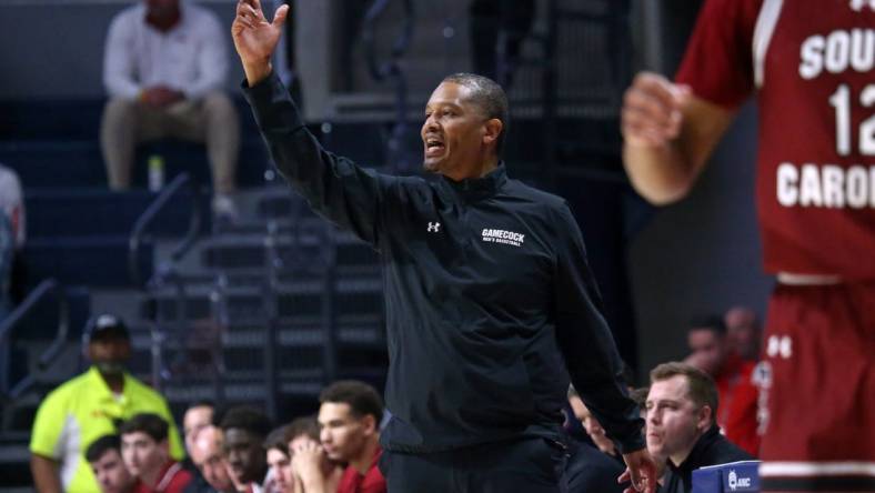 Feb 24, 2024; Oxford, Mississippi, USA; South Carolina Gamecocks head coach Lamont Paris gives direction during the first half against the Mississippi Rebels at The Sandy and John Black Pavilion at Ole Miss. Mandatory Credit: Petre Thomas-USA TODAY Sports