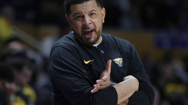 Feb 24, 2024; Pittsburgh, Pennsylvania, USA;  Pittsburgh Panthers head coach Jeff Capel reacts on the sidelines against the Virginia Tech Hokies during the first half at the Petersen Events Center. Mandatory Credit: Charles LeClaire-USA TODAY Sports