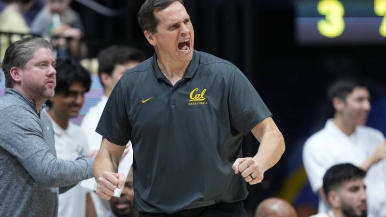 Feb 24, 2024; Berkeley, California, USA; California Golden Bears head coach Mark Madsen reacts during the first half against the Oregon Ducks at Haas Pavilion. Mandatory Credit: Darren Yamashita-USA TODAY Sports