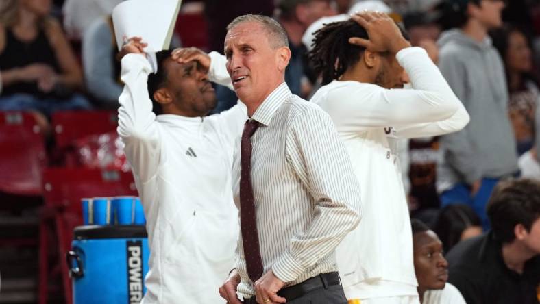 Feb 24, 2024; Tempe, Arizona, USA; Arizona State Sun Devils head coach Bobby Hurley reacts against the Washington State Cougars during the second half at Desert Financial Arena. Mandatory Credit: Joe Camporeale-USA TODAY Sports