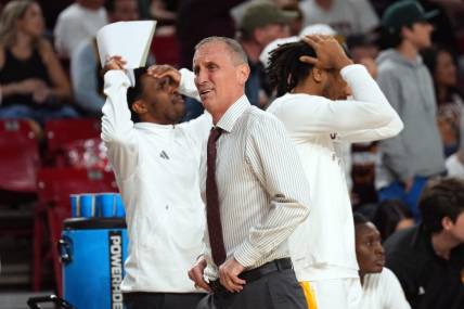 Feb 24, 2024; Tempe, Arizona, USA; Arizona State Sun Devils head coach Bobby Hurley reacts against the Washington State Cougars during the second half at Desert Financial Arena. Mandatory Credit: Joe Camporeale-USA TODAY Sports