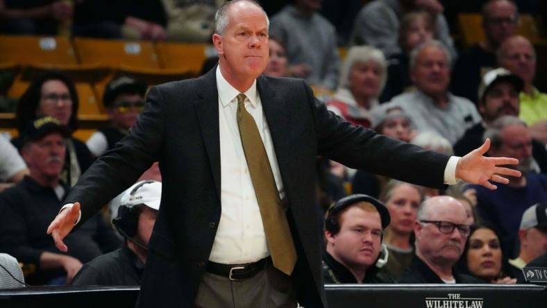 Feb 24, 2024; Boulder, Colorado, USA; Colorado Buffaloes head coach Tad Boyle during the first half against the Utah Utes at the CU Events Center. Mandatory Credit: Ron Chenoy-USA TODAY Sports