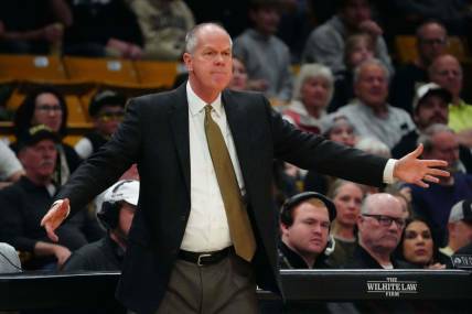 Feb 24, 2024; Boulder, Colorado, USA; Colorado Buffaloes head coach Tad Boyle during the first half against the Utah Utes at the CU Events Center. Mandatory Credit: Ron Chenoy-USA TODAY Sports