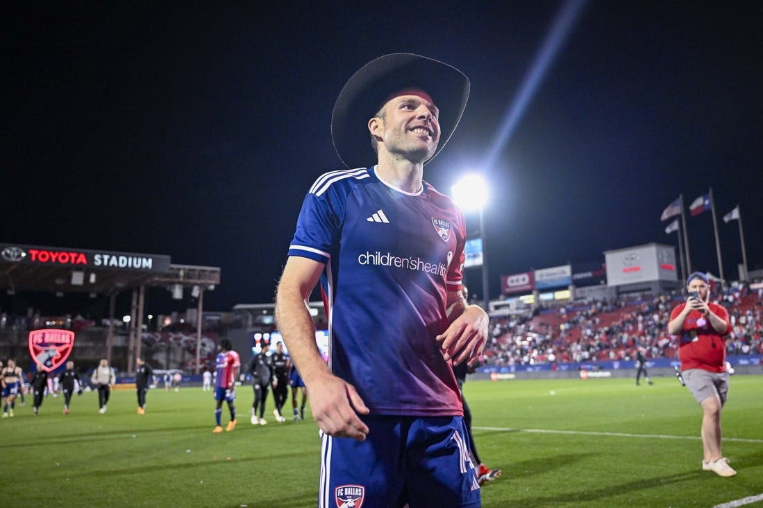 Feb 24, 2024; Frisco, Texas, USA; FC Dallas midfielder Asier Illarramendi (14) celebrates with the cowboy hat after FC Dallas defeats San Jose Earthquakes 2-1 at Toyota Stadium. Mandatory Credit: Jerome Miron-USA TODAY Sports