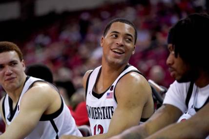 Feb 24, 2024; Fresno, California, USA; San Diego State Aztecs forward Jaedon LeDee (13) smiles on the team bench during action against the Fresno State Bulldogs in the second half at the Save Mart Center. Mandatory Credit: Cary Edmondson-USA TODAY Sports
