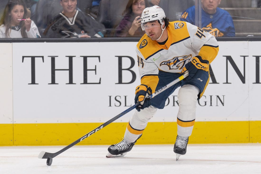 Feb 24, 2024; San Jose, California, USA; Nashville Predators left wing Kiefer Sherwood (44) controls the puck during the third period against the San Jose Sharks at SAP Center at San Jose. Mandatory Credit: Stan Szeto-USA TODAY Sports