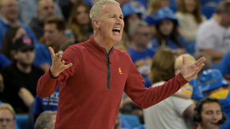 Feb 24, 2024; Los Angeles, California, USA;  USC Trojans head coach Andy Enfield yells from the bench in the second half against the UCLA Bruins at Pauley Pavilion presented by Wescom. Mandatory Credit: Jayne Kamin-Oncea-USA TODAY Sports