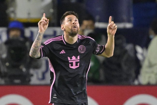 Feb 25, 2024; Carson, California, USA;  Inter Miami CF forward Lionel Messi (10) celebrates his goal against LA Galaxy during the second half at Dignity Health Sports Park. Mandatory Credit: Jayne Kamin-Oncea-USA TODAY Sports