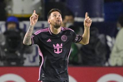 Feb 25, 2024; Carson, California, USA;  Inter Miami CF forward Lionel Messi (10) celebrates his goal against LA Galaxy during the second half at Dignity Health Sports Park. Mandatory Credit: Jayne Kamin-Oncea-USA TODAY Sports