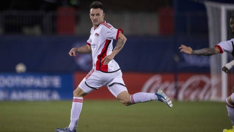 Feb 24, 2024; Frisco, Texas, USA; San Jose Earthquakes forward Preston Judd (19) in action during the game between FC Dallas and the San Jose Earthquakes at Toyota Stadium. Mandatory Credit: Jerome Miron-USA TODAY Sports