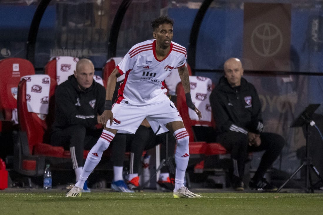 Feb 24, 2024; Frisco, Texas, USA; San Jose Earthquakes forward Amahl Pellegrino (9) in action during the game between FC Dallas and the San Jose Earthquakes at Toyota Stadium. Mandatory Credit: Jerome Miron-USA TODAY Sports