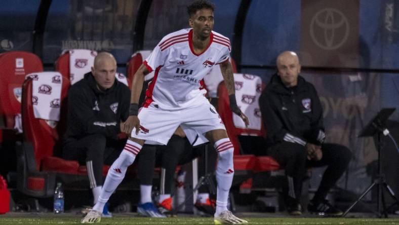 Feb 24, 2024; Frisco, Texas, USA; San Jose Earthquakes forward Amahl Pellegrino (9) in action during the game between FC Dallas and the San Jose Earthquakes at Toyota Stadium. Mandatory Credit: Jerome Miron-USA TODAY Sports