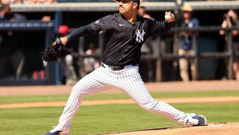 Feb 26, 2024; Tampa, Florida, USA;  New York Yankees starting pitcher Nestor Cortes (65) throws a pitch during the first inning against the Minnesota Twins at George M. Steinbrenner Field. Mandatory Credit: Kim Klement Neitzel-USA TODAY Sports