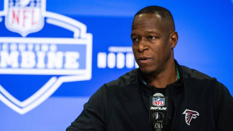 Feb 27, 2024; Indianapolis, IN, USA;  Atlanta Falcons head coach Raheem Morris talks to the media at the 2024 NFL Combine at Indiana Convention Center. Mandatory Credit: Trevor Ruszkowski-USA TODAY Sports