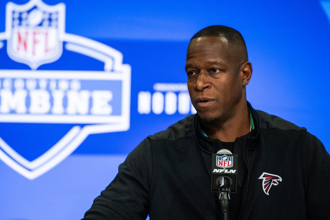 Feb 27, 2024; Indianapolis, IN, USA;  Atlanta Falcons head coach Raheem Morris talks to the media at the 2024 NFL Combine at Indiana Convention Center. Mandatory Credit: Trevor Ruszkowski-USA TODAY Sports