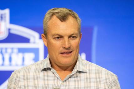 Feb 27, 2024; Indianapolis, IN, USA; San Francisco 49ers  general manager John Lynch talks to the media at the 2024 NFL Combine at Indiana Convention Center. Mandatory Credit: Trevor Ruszkowski-USA TODAY Sports