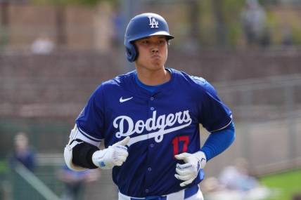 Feb 27, 2024; Phoenix, Arizona, USA; Los Angeles Dodgers designated hitter Shohei Ohtani (17) returns to the dugout after grounding into a double play during the third inning against the Chicago White Sox at Camelback Ranch-Glendale. Mandatory Credit: Joe Camporeale-USA TODAY Sports