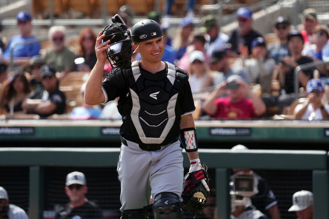 Feb 27, 2024; Phoenix, Arizona, USA; Chicago White Sox catcher Max Stassi (33) looks on against the Los Angeles Dodgers during the first inning at Camelback Ranch-Glendale. Mandatory Credit: Joe Camporeale-USA TODAY Sports