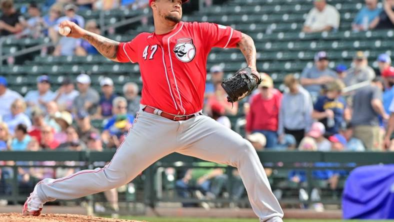 Feb 27, 2024; Mesa, Arizona, USA;  Cincinnati Reds starting pitcher Frankie Montas (47) throws in the first inning against the Cincinnati Reds during a spring training game at Sloan Park. Mandatory Credit: Matt Kartozian-USA TODAY Sports