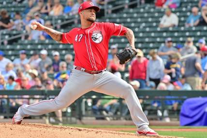 Feb 27, 2024; Mesa, Arizona, USA;  Cincinnati Reds starting pitcher Frankie Montas (47) throws in the first inning against the Cincinnati Reds during a spring training game at Sloan Park. Mandatory Credit: Matt Kartozian-USA TODAY Sports