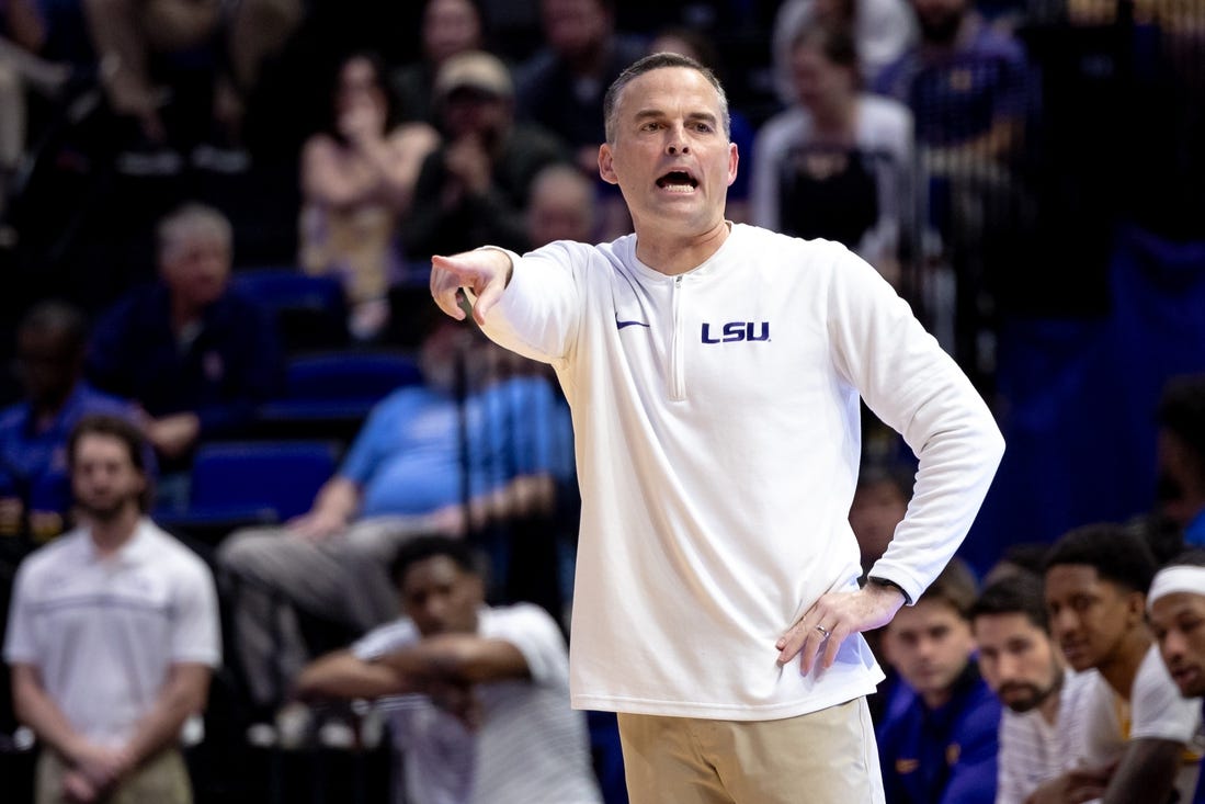 Feb 27, 2024; Baton Rouge, Louisiana, USA; LSU Tigers head coach Matt McMahon points out a play against the Georgia Bulldogs during the second half at Pete Maravich Assembly Center. Mandatory Credit: Stephen Lew-USA TODAY Sports