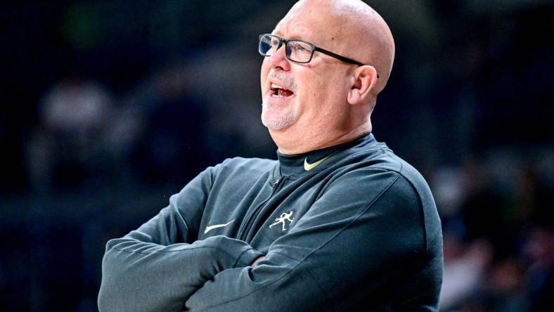 Feb 27, 2024; South Bend, Indiana, USA; Wake Forest Demon Deacons head coach Steve Forbes watches in the first half against the Notre Dame Fighting Irish at the Purcell Pavilion. Mandatory Credit: Matt Cashore-USA TODAY Sports