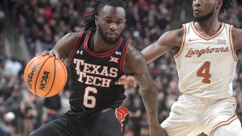 Texas Tech's guard Joe Toussaint (6) dribbles the ball against Texas in a Big 12 basketball game, Tuesday, Feb. 27, 2024, at United Supermarkets Arena.