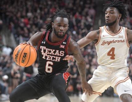 Texas Tech's guard Joe Toussaint (6) dribbles the ball against Texas in a Big 12 basketball game, Tuesday, Feb. 27, 2024, at United Supermarkets Arena.