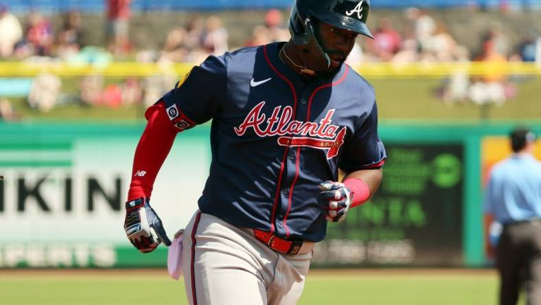 Feb 28, 2024; Clearwater, Florida, USA; Atlanta Braves center fielder Michael Harris II (23) hits a home run during the third inning against the Philadelphia Phillies at BayCare Ballpark. Mandatory Credit: Kim Klement Neitzel-USA TODAY Sports