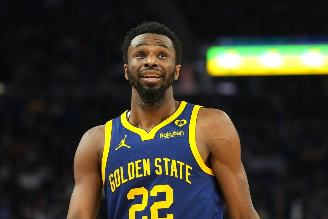Feb 23, 2024; San Francisco, California, USA; Golden State Warriors forward Andrew Wiggins (22) during the second quarter against the Charlotte Hornets at Chase Center. Mandatory Credit: Darren Yamashita-USA TODAY Sports