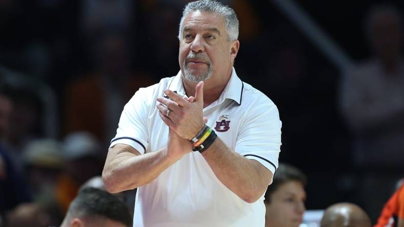 Feb 28, 2024; Knoxville, Tennessee, USA; Auburn Tigers head coach Bruce Pearl during the first half against the Tennessee Volunteers at Thompson-Boling Arena at Food City Center. Mandatory Credit: Randy Sartin-USA TODAY Sports