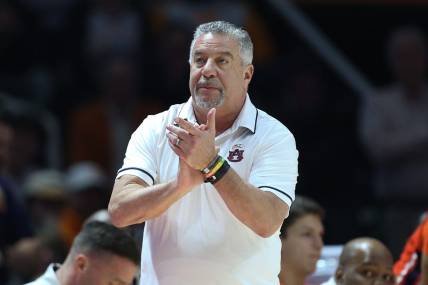 Feb 28, 2024; Knoxville, Tennessee, USA; Auburn Tigers head coach Bruce Pearl during the first half against the Tennessee Volunteers at Thompson-Boling Arena at Food City Center. Mandatory Credit: Randy Sartin-USA TODAY Sports