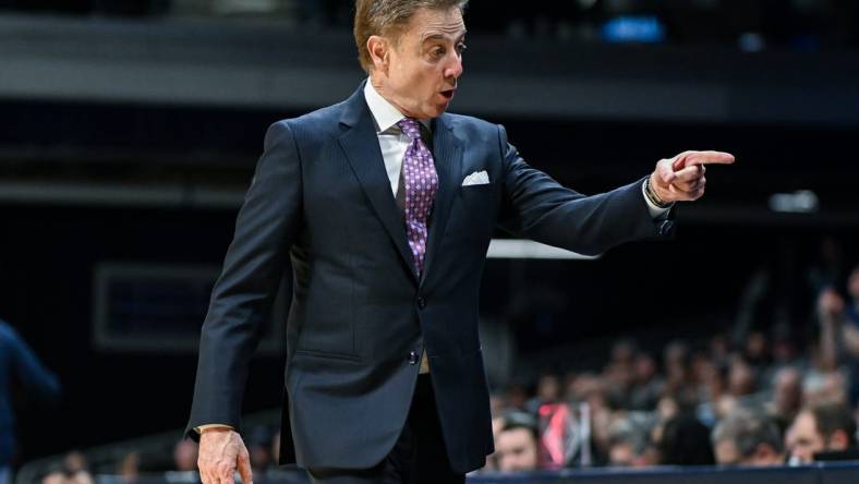 Feb 28, 2024; Indianapolis, Indiana, USA; St. John's Red Storm head coach Rick Pitino gestures to his bench against the Butler Bulldogs during the first half at Hinkle Fieldhouse. Mandatory Credit: Robert Goddin-USA TODAY Sports