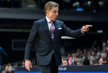 Feb 28, 2024; Indianapolis, Indiana, USA; St. John's Red Storm head coach Rick Pitino gestures to his bench against the Butler Bulldogs during the first half at Hinkle Fieldhouse. Mandatory Credit: Robert Goddin-USA TODAY Sports