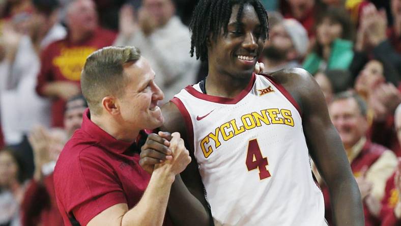 Iowa State Cyclones men's basketball head coach T. J. Otzelberger congratulates Iowa State Cyclones guard Demarion Watson (4) after winning 58-45 over Oklahoma Sooners in the Big-12 conference showdown at Hilton Coliseum on Wednesday, Feb. 28, 2024, in Ames, Iowa.