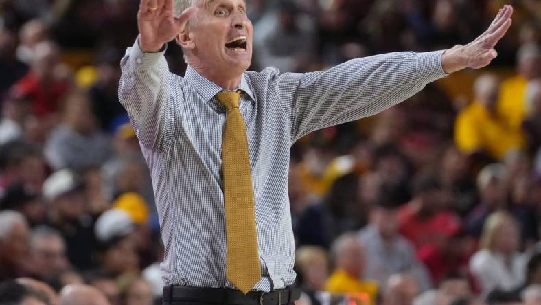 ASU Sun Devils head coach Bobby Hurley yells out to his team as they play the UA Wildcats at Desert Financial Arena in Tempe on Feb. 28, 2024.