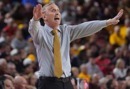 ASU Sun Devils head coach Bobby Hurley yells out to his team as they play the UA Wildcats at Desert Financial Arena in Tempe on Feb. 28, 2024.