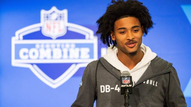 Feb 29, 2024; Indianapolis, IN, USA; Clemson defensive back Nate Wiggins (DB42) talks to the media during the 2024 NFL Combine at Lucas Oil Stadium. Mandatory Credit: Trevor Ruszkowski-USA TODAY Sports