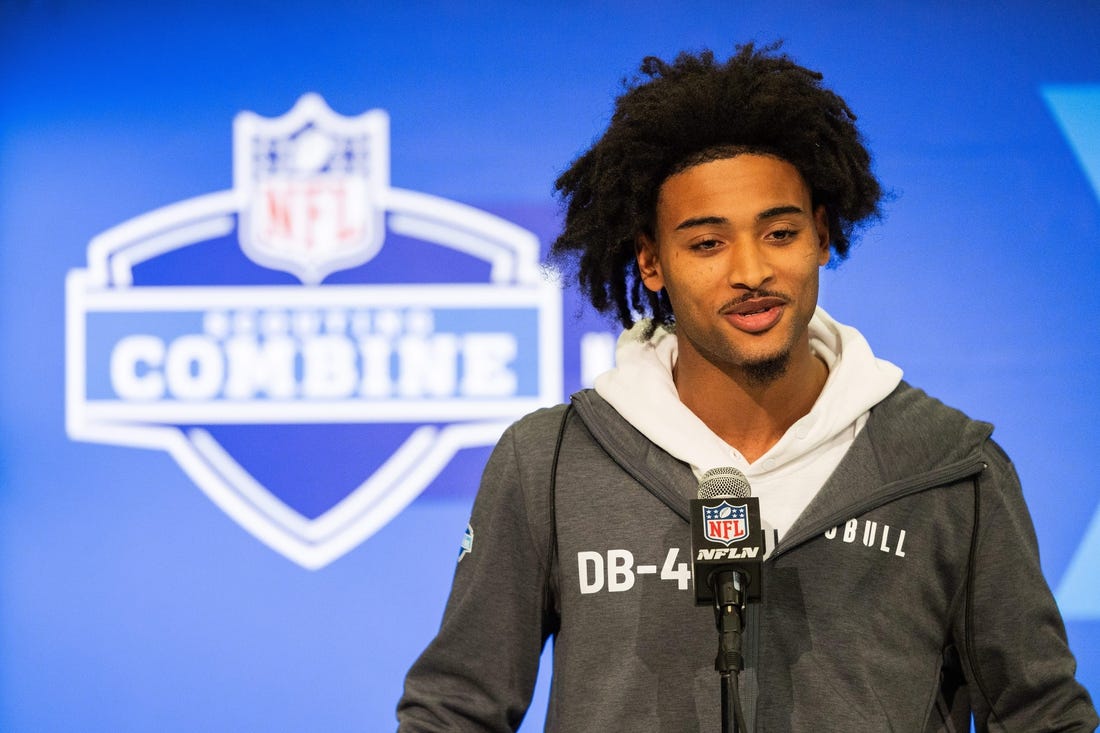 Feb 29, 2024; Indianapolis, IN, USA; Clemson defensive back Nate Wiggins (DB42) talks to the media during the 2024 NFL Combine at Lucas Oil Stadium. Mandatory Credit: Trevor Ruszkowski-USA TODAY Sports