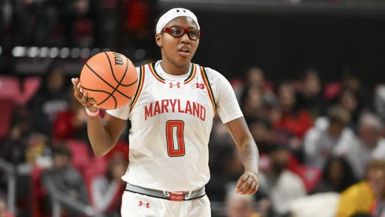 Feb 29, 2024; College Park, Maryland, USA;  Maryland Terrapins guard Shyanne Sellers (0) dribbles up the court to the offense during the first half against the Wisconsin Badgers at Xfinity Center. Mandatory Credit: Tommy Gilligan-USA TODAY Sports