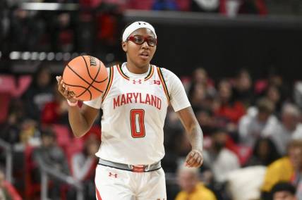 Feb 29, 2024; College Park, Maryland, USA;  Maryland Terrapins guard Shyanne Sellers (0) dribbles up the court to the offense during the first half against the Wisconsin Badgers at Xfinity Center. Mandatory Credit: Tommy Gilligan-USA TODAY Sports
