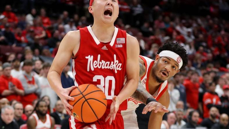 Feb 29, 2024; Columbus, Ohio, USA;  Nebraska Cornhuskers guard Keisei Tominaga (30) moves the ball during the first half against the Ohio State Buckeyes at Value City Arena. Mandatory Credit: Joseph Maiorana-USA TODAY Sports