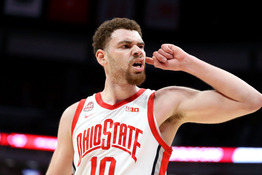 Feb 29, 2024; Columbus, Ohio, USA;  Ohio State Buckeyes forward Jamison Battle (10) celebrates during the second half against the Nebraska Cornhuskers at Value City Arena. Mandatory Credit: Joseph Maiorana-USA TODAY Sports