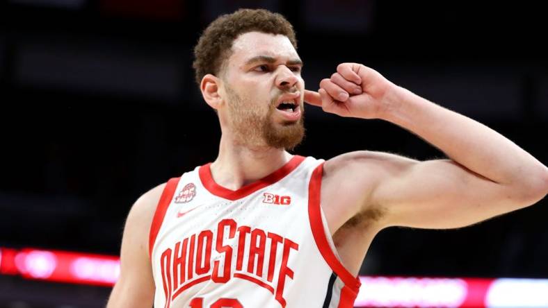 Feb 29, 2024; Columbus, Ohio, USA;  Ohio State Buckeyes forward Jamison Battle (10) celebrates during the second half against the Nebraska Cornhuskers at Value City Arena. Mandatory Credit: Joseph Maiorana-USA TODAY Sports