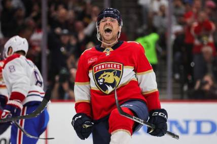 Feb 29, 2024; Sunrise, Florida, USA; Florida Panthers center Sam Reinhart (13) reacts after scoring against the Montreal Canadiens during the second period at Amerant Bank Arena. Mandatory Credit: Sam Navarro-USA TODAY Sports