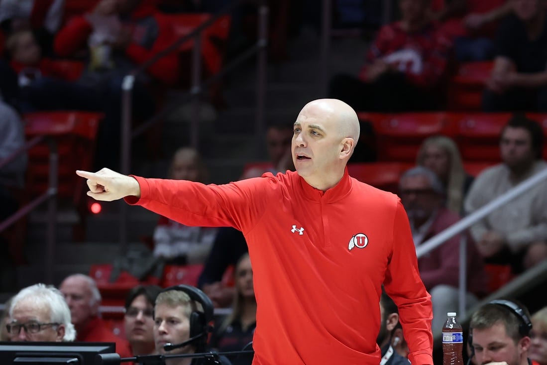 Feb 29, 2024; Salt Lake City, Utah, USA; Utah Utes head coach Craig Smith calls a play against the Stanford Cardinal during the first half at Jon M. Huntsman Center. Mandatory Credit: Rob Gray-USA TODAY Sports