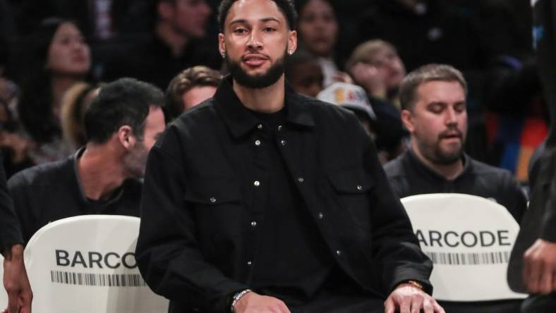 Feb 29, 2024; Brooklyn, New York, USA;  Brooklyn Nets guard Ben Simmons (not in uniform) sits on the bench in the first quarter against the Atlanta Hawks at Barclays Center. Mandatory Credit: Wendell Cruz-USA TODAY Sports